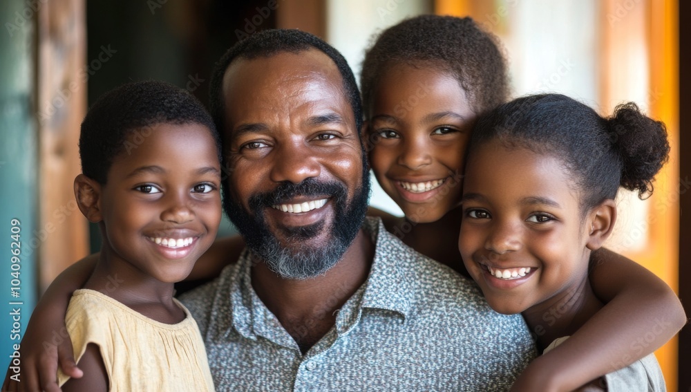 A happy African American father with his three children smiling at the camera. A happy African American father with his three children smiling at the camera.