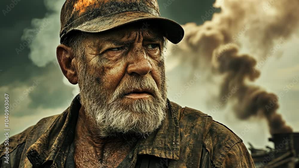 A weathered man with a long beard stares off into the distance as plumes of smoke billow in the background A weathered man with a long beard stares off into the distance as plumes of smoke billow in the background