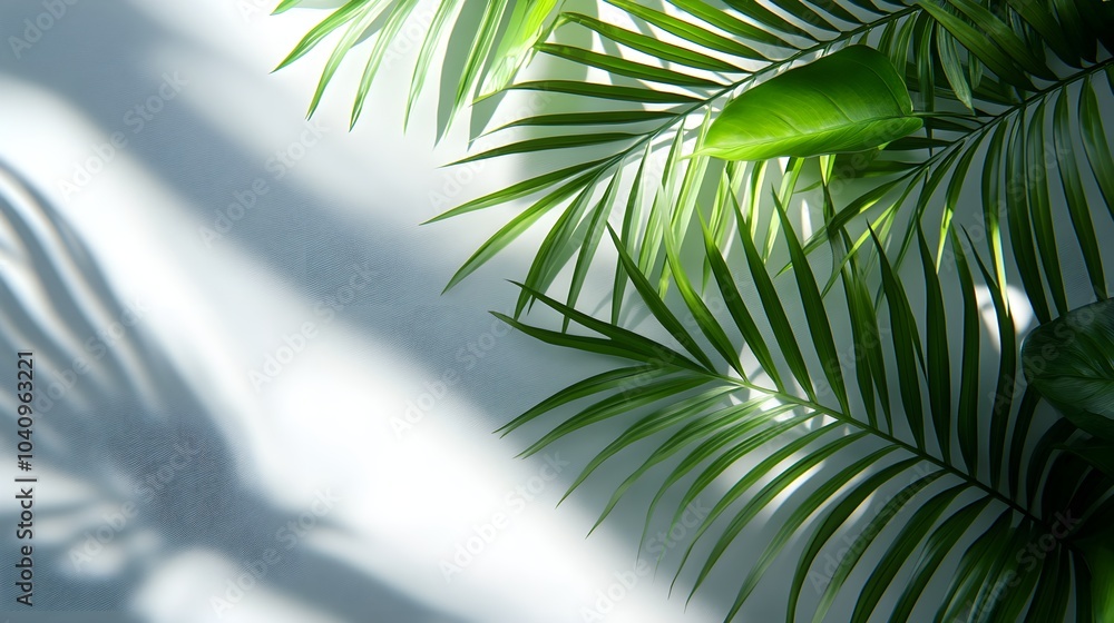 Tropical leaves with vibrant green tones, casting intricate shadows on a grey tabletop, with a minimalist white background adding a serene touch Tropical leaves with vibrant green tones, casting intricate shadows on a grey tabletop, with a minimalist white background adding a serene touch