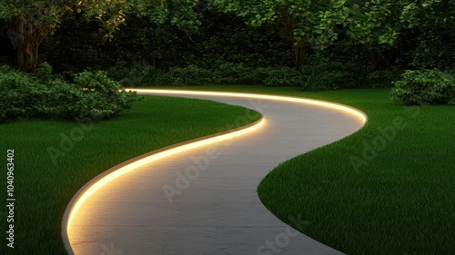 Bioluminescent pathways through a futuristic urban park at night, futuristic concept, glowing ecotechnology, 3D illustration