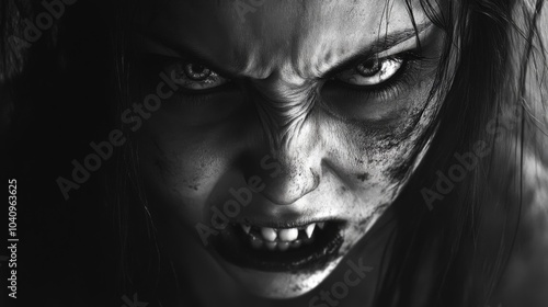 Close-up of a Ferocious Vampire with Bared Fangs