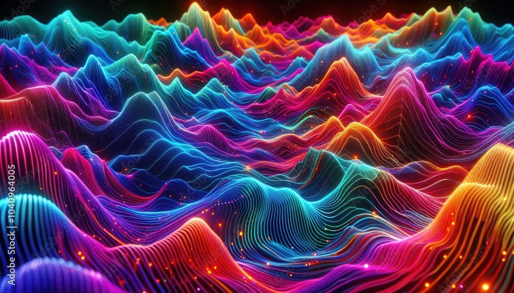 Fototapeta premium Hyper-Realistic Neon Wave Landscape: Futuristic Digital Artwork Featuring Vibrant Flowing Data Waves, Glowing Vertical Light Beams, and Dynamic Multi-Colored Lines in a Dark Setting