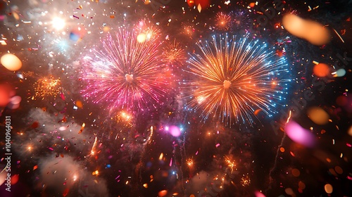 Vibrant fireworks display with colorful confetti exploding in the night sky.