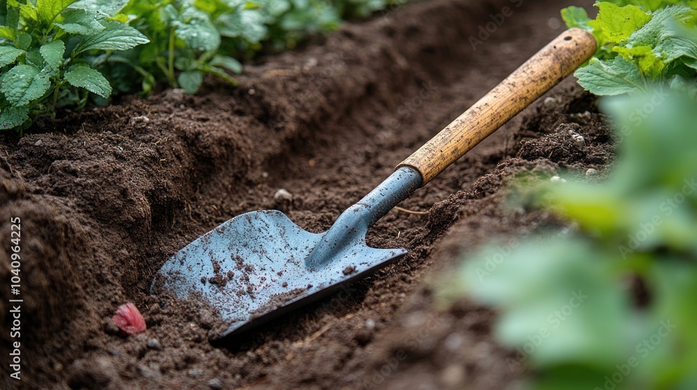 A shovel resting in freshly turned soil in a garden bed. A shovel resting in freshly turned soil in a garden bed.