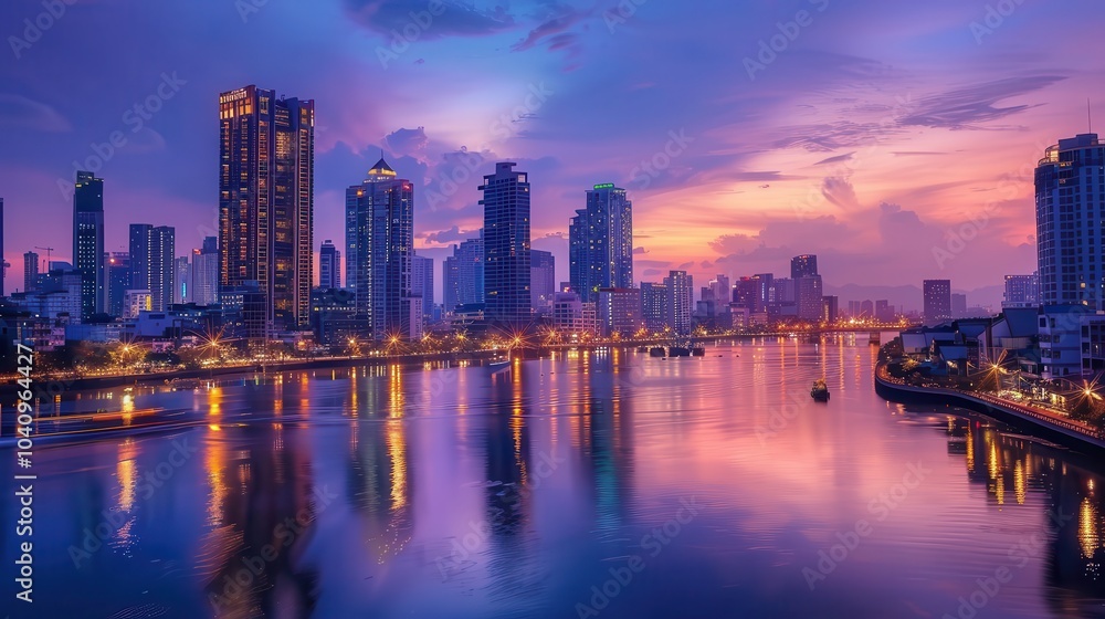 Twilight Urban Skyline with City Lights Reflection Twilight Urban Skyline with City Lights Reflection