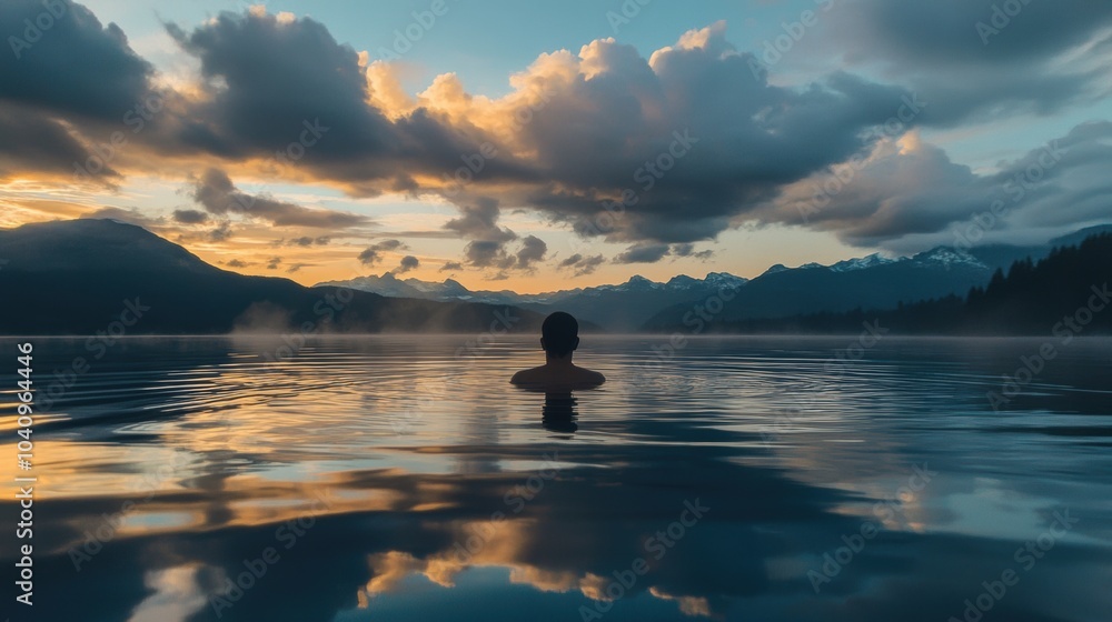 Serene lake swim, dynamic light shifts, cloud reflections dance on water surface, capturing tranquility and movement in nature