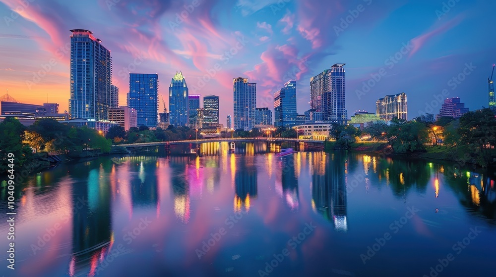 Fototapeta premium Twilight Urban Skyline with City Lights Reflection