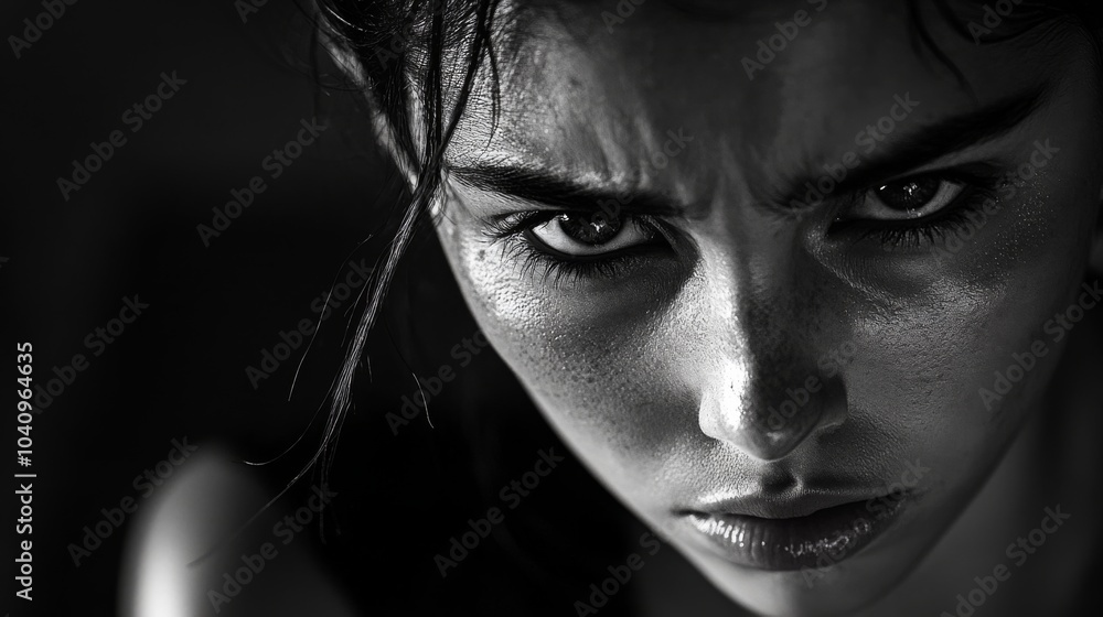 Fototapeta premium Close-up Black and White Portrait of a Woman's Intense Gaze