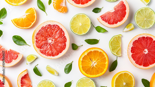 Slices of citrus fruits including grapefruit, oranges, and limes with green leaves on white background