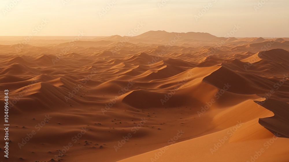 Fototapeta premium A vast, sandy desert landscape stretches out under a hazy, golden sky, with rolling dunes forming a mesmerizing pattern in the distance.