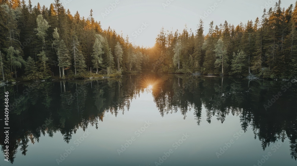 Fototapeta premium Serene Lake Surrounded by Pine Trees at Golden Hour