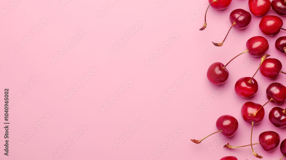 Fresh cherries scattered on pink background creating a minimalist summer fruit pattern Fresh cherries scattered on pink background creating a minimalist summer fruit pattern