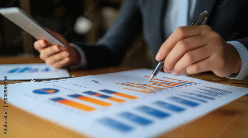 A professional analyzing data reports with charts, using a smartphone and writing notes in a business environment. A professional analyzing data reports with charts, using a smartphone and writing notes in a business environment.