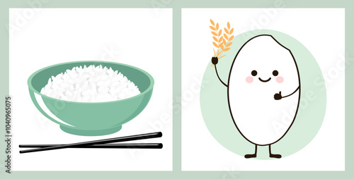 Rice bowl, chopsticks and rice seed cartoon vector.