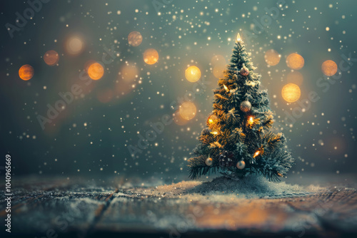 Wallpaper Mural small Christmas tree on table, beautifully decorated with lights and ornaments, surrounded by snowy ambiance and soft bokeh lights, creating warm festive atmosphere Torontodigital.ca