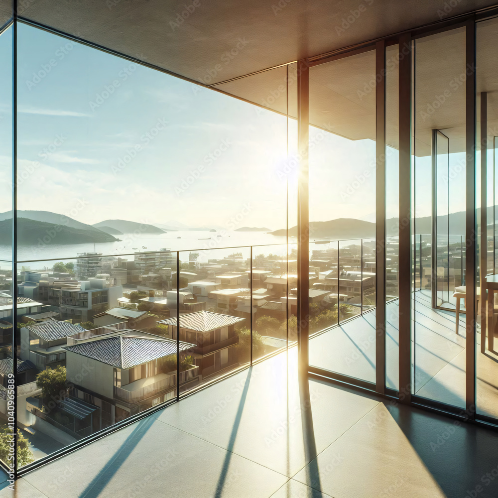 Fototapeta premium Modern interior design with ocean view from a high vantage point
