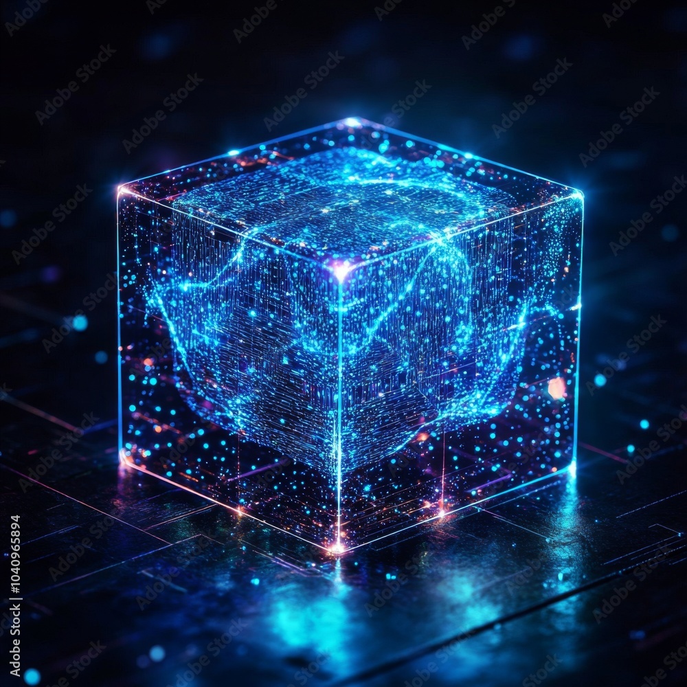A glowing blue cube with a digital sphere inside, on a circuit board background.