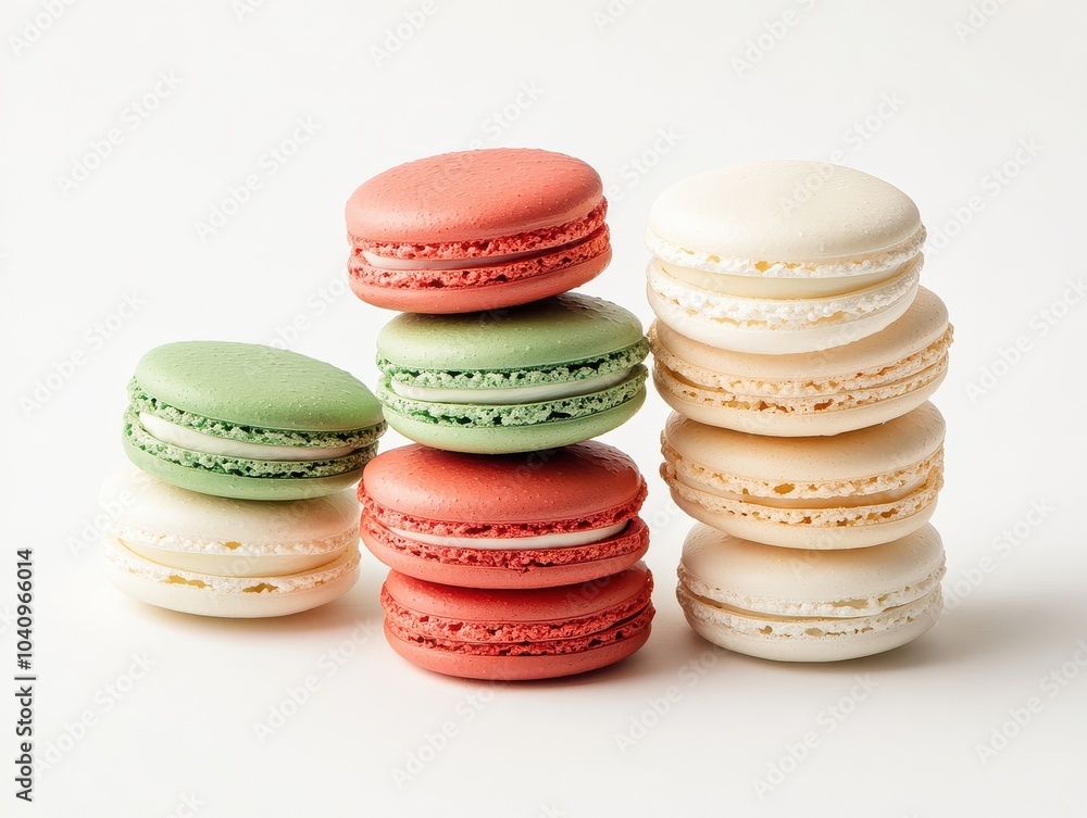 Fototapeta premium Colorful assorted macarons stacked on white background displaying elegant french dessert