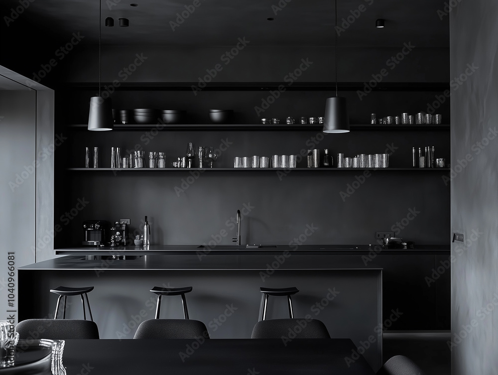 A modern open-concept kitchen and dining area featuring a black matte island with a sleek waterfall edge, high-gloss black cabinetry. The dining area includes a large black dining table with plush cha A modern open-concept kitchen and dining area featuring a black matte island with a sleek waterfall edge, high-gloss black cabinetry. The dining area includes a large black dining table with plush cha