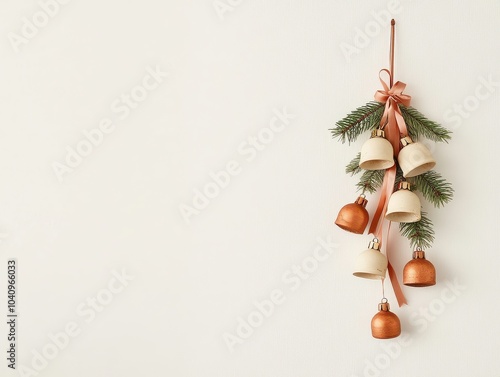 Elegant holiday bells with pine branches and ribbon on minimalist wall