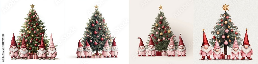 Festive Christmas Trees with Adorned Ornaments and Gnomes Festive Christmas Trees with Adorned Ornaments and Gnomes