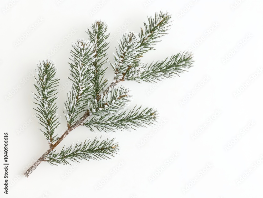 Obraz premium Snow-dusted pine branch on white background - minimalist winter nature photography