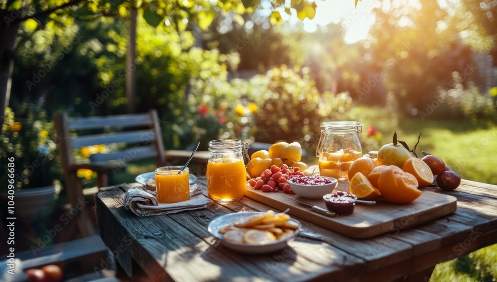 A table set for a summer brunch in a garden with fresh fruit, juice, and a wooden cutting board. A table set for a summer brunch in a garden with fresh fruit, juice, and a wooden cutting board.