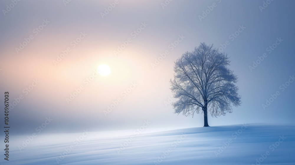 Lonely tree covered with frost huge snowy field.Minimalistic winter background evokes feeling of loneliness and tranquility,and crisp white snow and soft blue sky create peaceful atmosphere Lonely tree covered with frost huge snowy field.Minimalistic winter background evokes feeling of loneliness and tranquility,and crisp white snow and soft blue sky create peaceful atmosphere