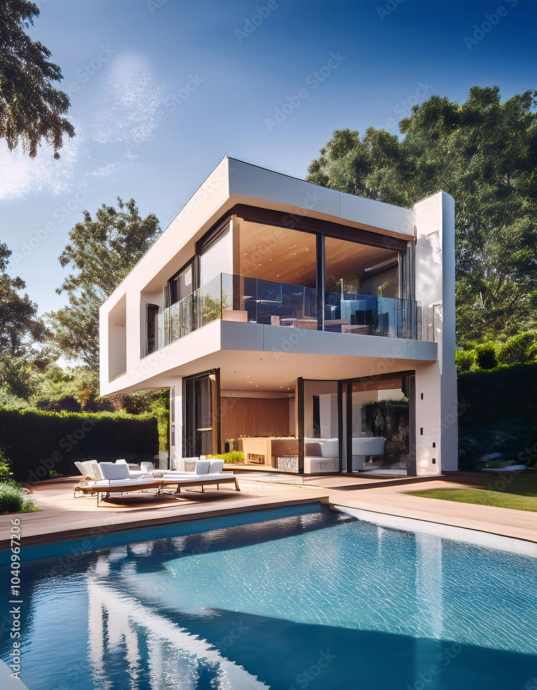 Fototapeta premium Modern house with large windows and pool at sunset