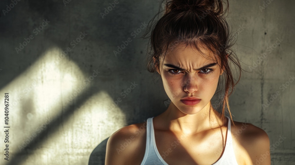 Close-up Portrait of a Young Woman with a Frowning Expression Close-up Portrait of a Young Woman with a Frowning Expression