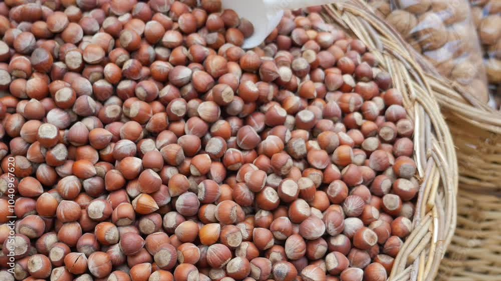 Fresh and Natural Hazelnuts Are Beautifully Arranged in Baskets at a Vibrant Local Market Fresh and Natural Hazelnuts Are Beautifully Arranged in Baskets at a Vibrant Local Market