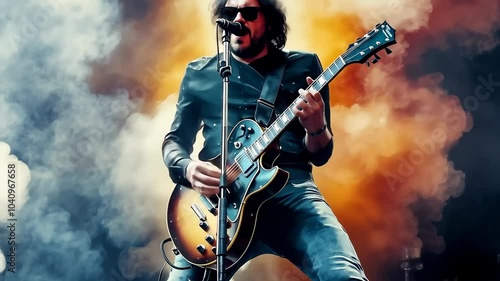 A musician performs on stage, playing an electric guitar with passion and intensity