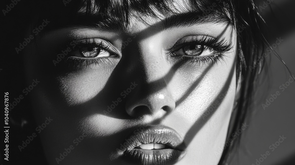 Fototapeta premium Close-up Black and White Portrait of a Woman's Face with Dramatic Lighting and Shadow Play