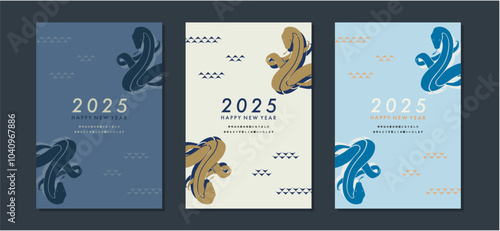 2025年巳年の年賀状テンプレート素材セット　蛇のシルエットイラスト　おしゃれ　縦はがきサイズ
