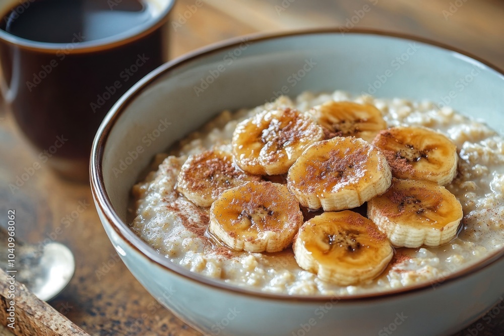 A bowl of creamy oatmeal topped with caramelized banana slices and a sprinkle of cinnamon, served with a side of freshly brewed coffee, representing a warm and comforting breakfast A bowl of creamy oatmeal topped with caramelized banana slices and a sprinkle of cinnamon, served with a side of freshly brewed coffee, representing a warm and comforting breakfast