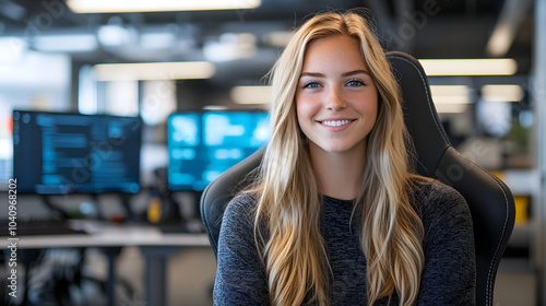 Beautiful blonde woman with blue eyes sitting in a gaming chair and smiling at the camera. In the background, there is an office space with three monitors. The blue light from the monitors illuminates