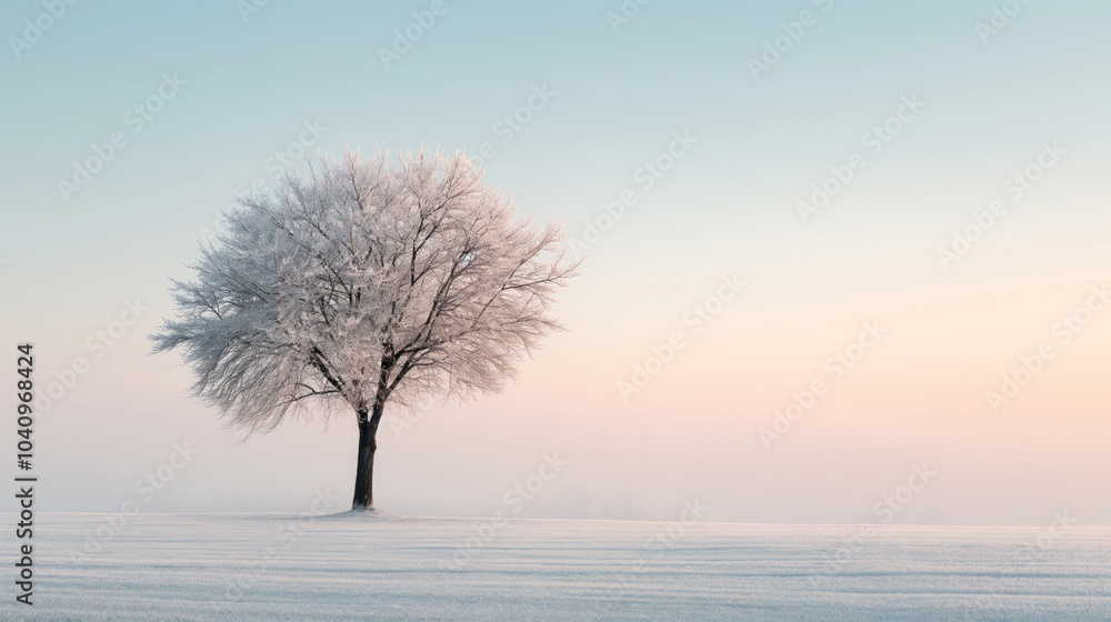 Lonely tree covered with frost huge snowy field.Minimalistic winter background evokes feeling of loneliness and tranquility,and crisp white snow and soft blue sky create peaceful atmosphere Lonely tree covered with frost huge snowy field.Minimalistic winter background evokes feeling of loneliness and tranquility,and crisp white snow and soft blue sky create peaceful atmosphere