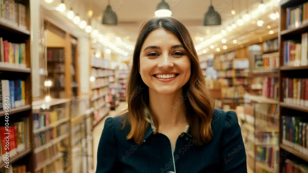 Confident woman walks through bookstore, camera slowly zooms in, practical lighting enhances her cheerful expression Confident woman walks through bookstore, camera slowly zooms in, practical lighting enhances her cheerful expression