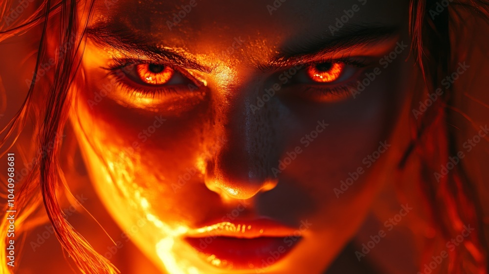 Fototapeta premium Close-up of a woman's face illuminated by fiery orange light, her red eyes glowing intensely.