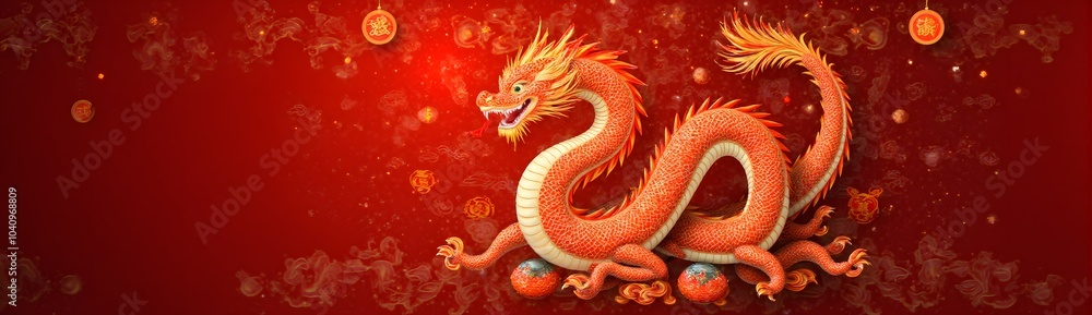 Obraz premium Majestic red dragon with glowing scales surrounded by chinese lanterns on festive background
