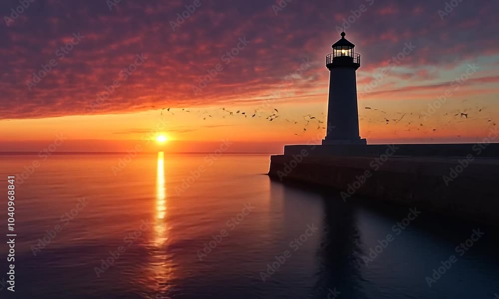 A lighthouse stands tall on a rocky pier as the sun sets over the ocean, casting a golden glow on the water and sky. Birds fly in formation overhead. A lighthouse stands tall on a rocky pier as the sun sets over the ocean, casting a golden glow on the water and sky. Birds fly in formation overhead.