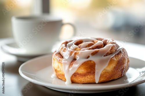 A freshly baked cinnamon roll with icing drizzled on top, sitting on a white plate, with a steaming cup of coffee beside it, creating a sweet and indulgent breakfast treat