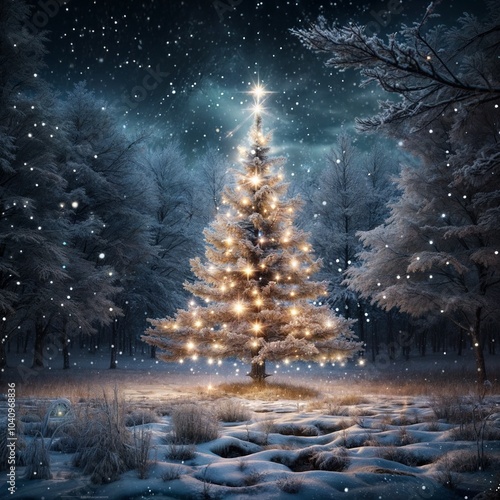 Majestic christmas tree illuminated in snowy winter forest under starry night sky