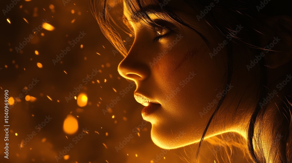 Close-up Portrait of a Woman with Golden Light and Sparkles Close-up Portrait of a Woman with Golden Light and Sparkles