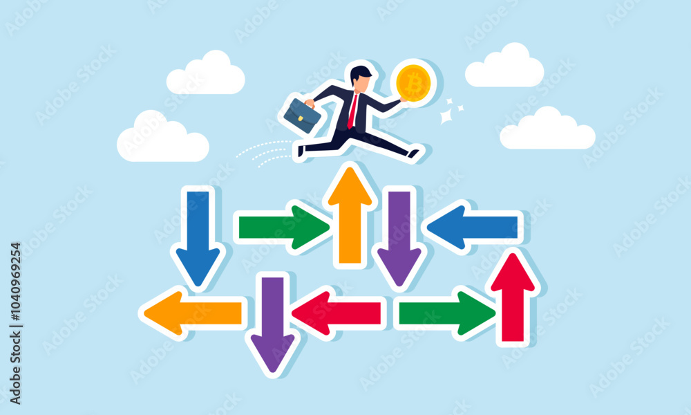 A businessman jumps over a cluster of irregular arrows holding a bitcoin, illustration of securing bitcoin assets from potential losses due to uncertain financial policy A businessman jumps over a cluster of irregular arrows holding a bitcoin, illustration of securing bitcoin assets from potential losses due to uncertain financial policy