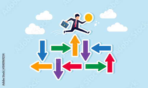 A businessman jumps over a cluster of irregular arrows holding a bitcoin, illustration of securing bitcoin assets from potential losses due to uncertain financial policy