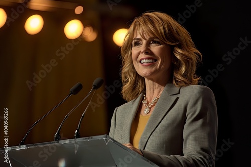 Woman speaking at a podium with microphones.