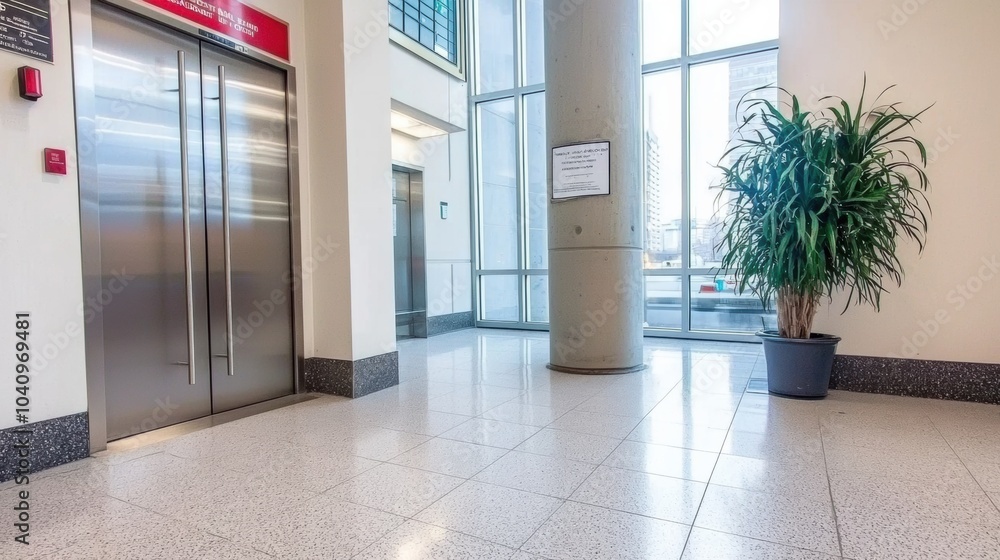 Modern Lobby with Elevator and Indoor Plant Modern Lobby with Elevator and Indoor Plant