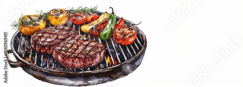 steak and vegetables on round grill isolated on white background, template concept with text space, watercolor illustration