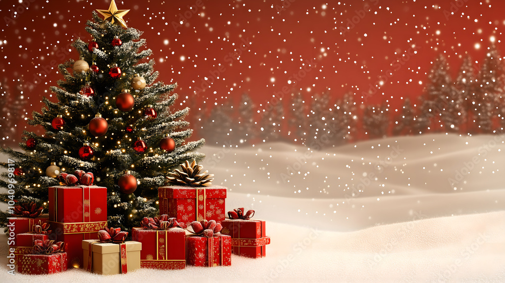 Obraz premium Christmas background with Christmas tree, belt and gifts